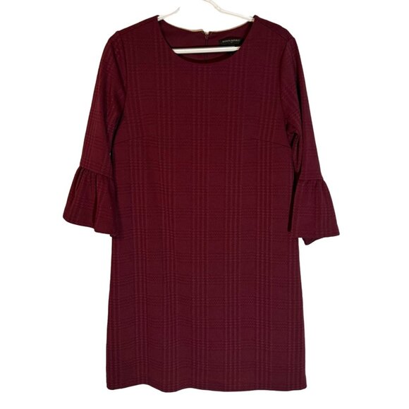 Banana Republic Plaid Textured Burgundy Dress With 3/4 Bell Sleeves Size M - Picture 1 of 12